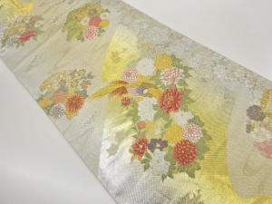 霞・花丸文・鳥に糸巻き模様織出し袋帯